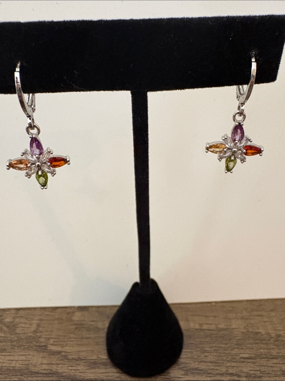 Sterling Silver Multi-Gem Cross Drop Earrings - Multicolor